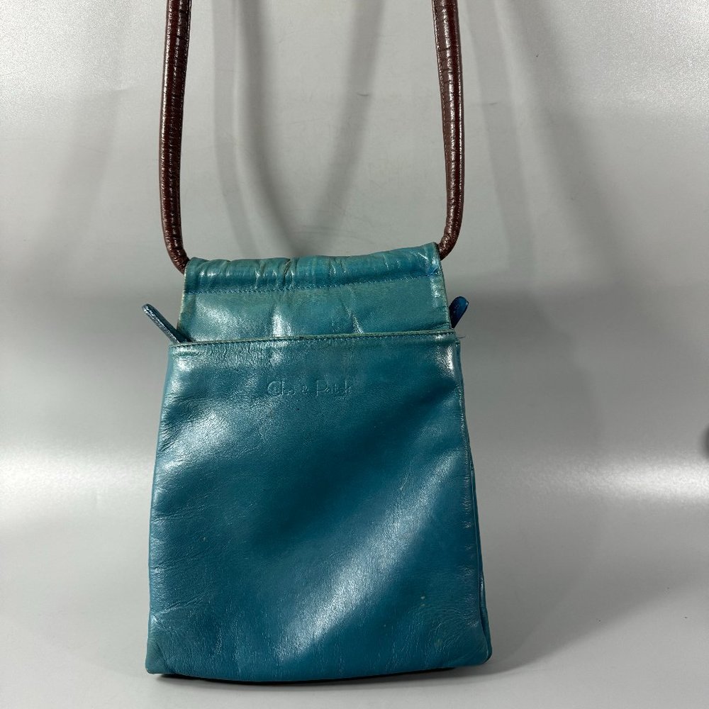 Teal Leather Crossbody Bag with Contrasting Brown Strap